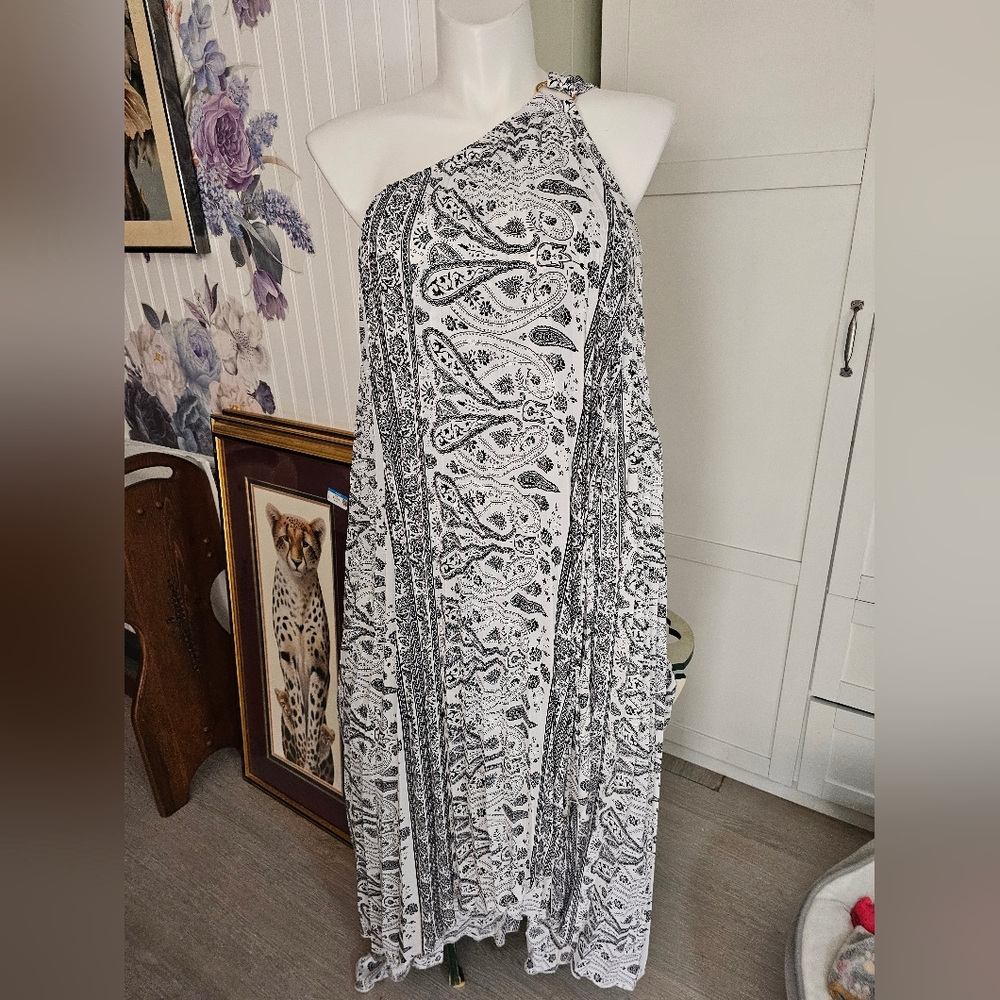 Lane Bryant Size 16 Maxi Dress Womens White Black Paisley Print One Shoulder Euc